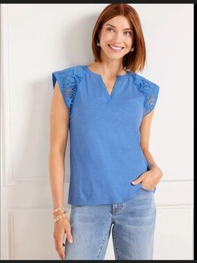 Talbots Periwinkle Embroidered Sleeve Split neck tee size xl